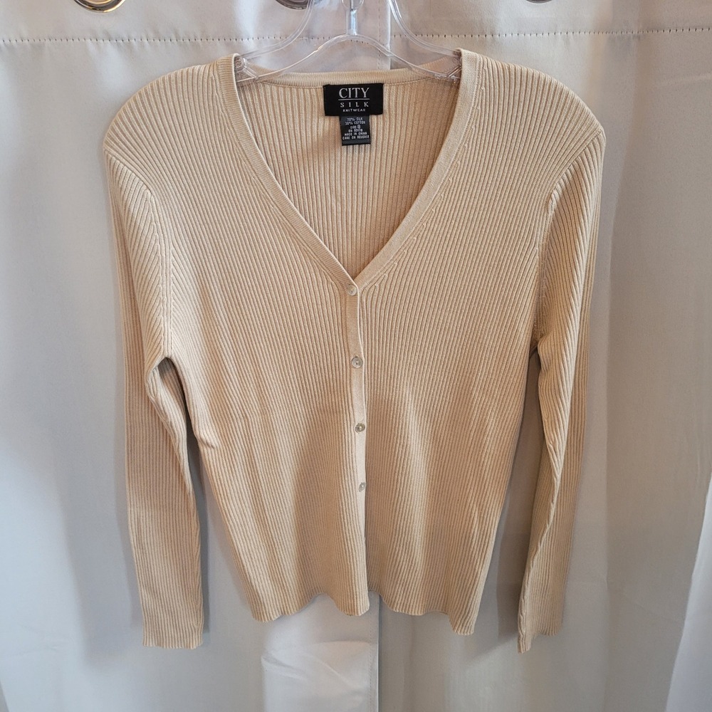 City Silk Womens Cardigan Small Ribbed Knit Silk Blend Old Money Luxury 21816
